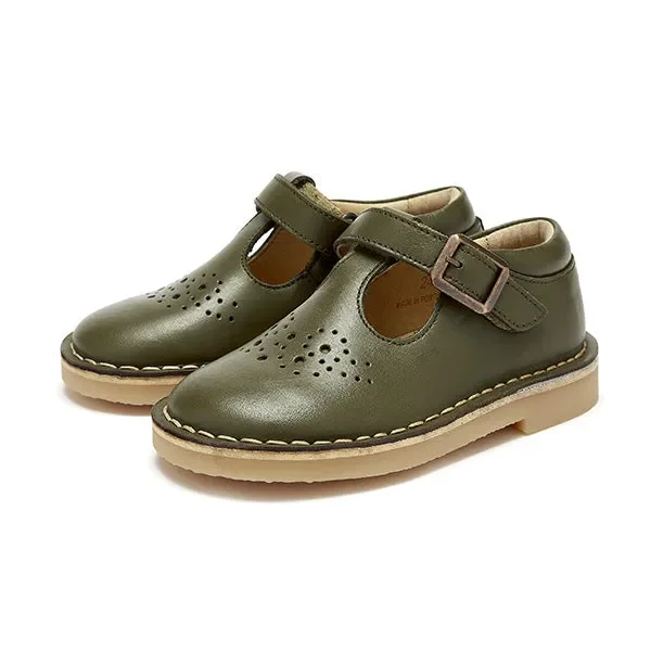 Penny Velcro T-Bar Kids Shoe Olive Leather