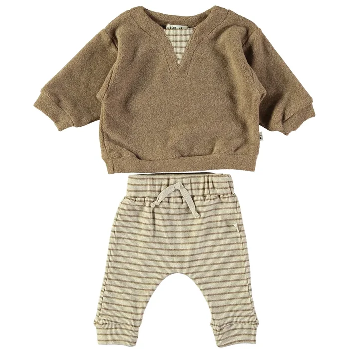 Petit Indi (Made in Spain) – Long Sleeve + Pant Set – Brown Stripe