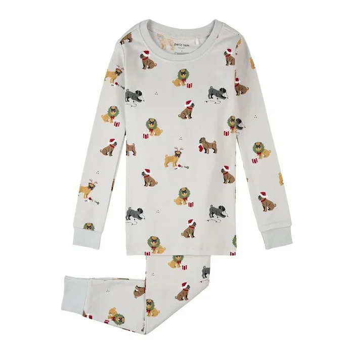 Petit Lem 2-Piece Organic Cotton Ribbed Pajama Set in Holiday Pugs Prints on Light Grey