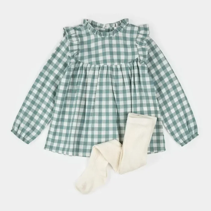 Petit Lem – Organic Brushed Twill Dress + Tights Set – Teal Gingham