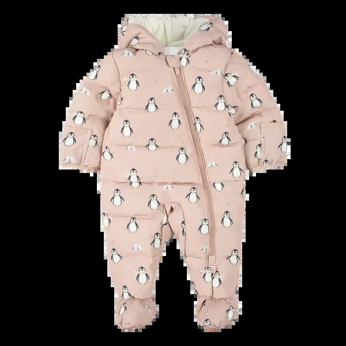 PETIT LEM Penguins on Dusty Pink One-Piece Snowsuit