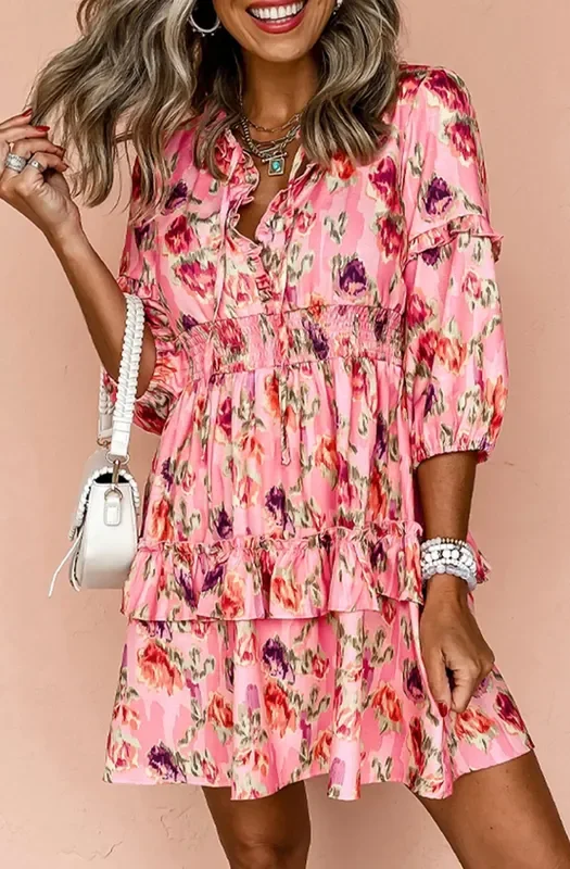 Pink Abstract Print Frilled Smocked High Waist Mini Dress