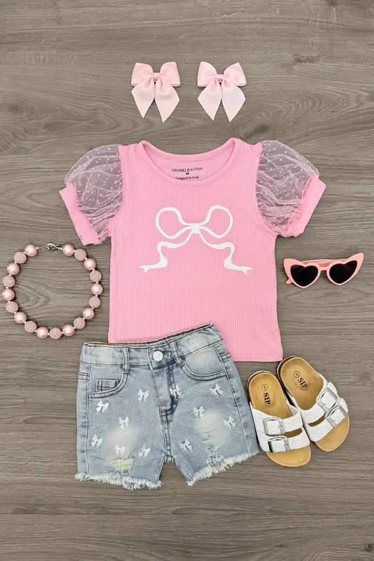 Pink Bow Distressed Denim Short Set