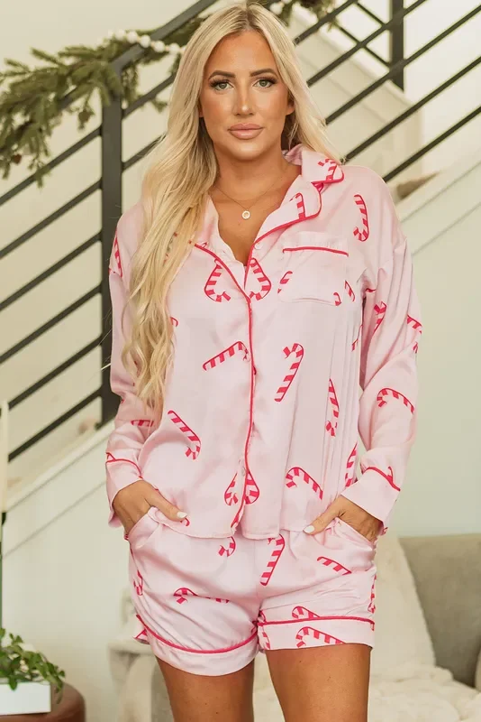 Pink Christmas Candy Cane Print Shirt And Shorts Pajama Set