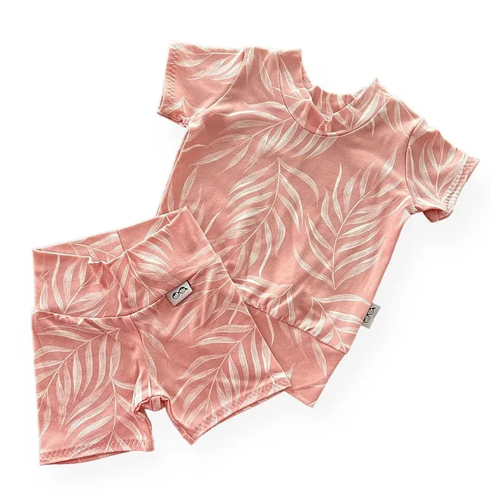 Pink Pampas Leaves Biker Shorts Lounge Set