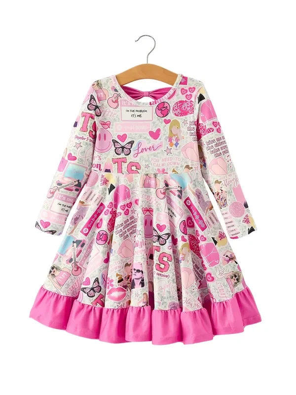 Pink Ts Print Ruffle Girls’ Long Sleeve Christmas Dress