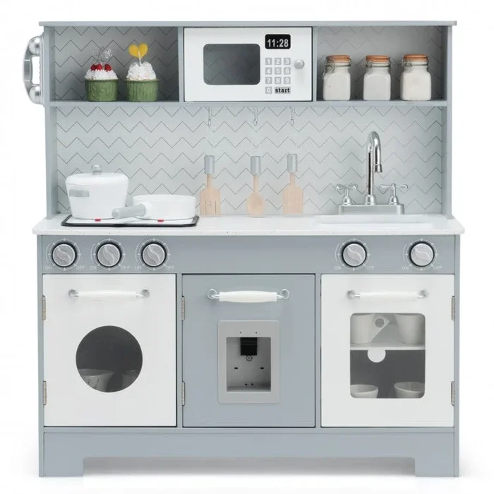 Pretend Play Kitchen Wooden Toy Set for Kids With Realistic Light and Sound