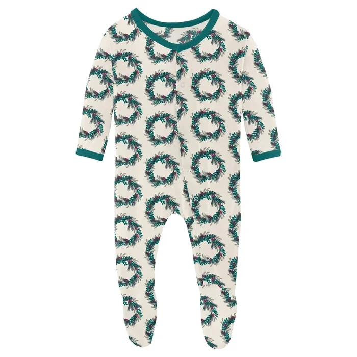 Print Footie with Snaps in Natural Holiday Wreath