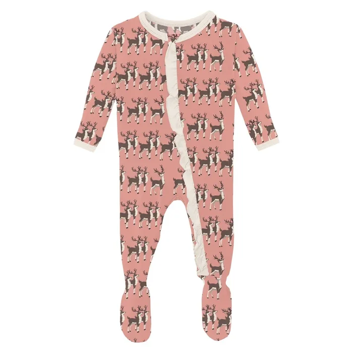 Print Ruffle Footie with 2 Way Zipper, Blush Rudolph