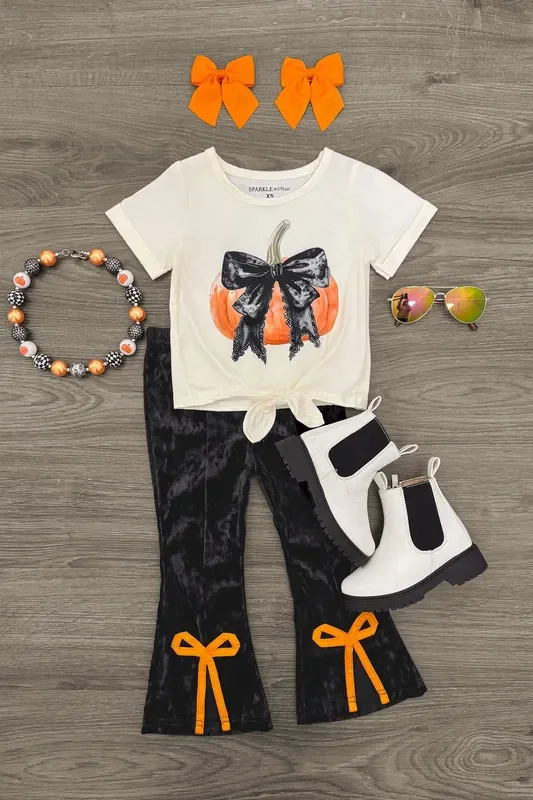 Pumpkin Bows Velvet Flare Set