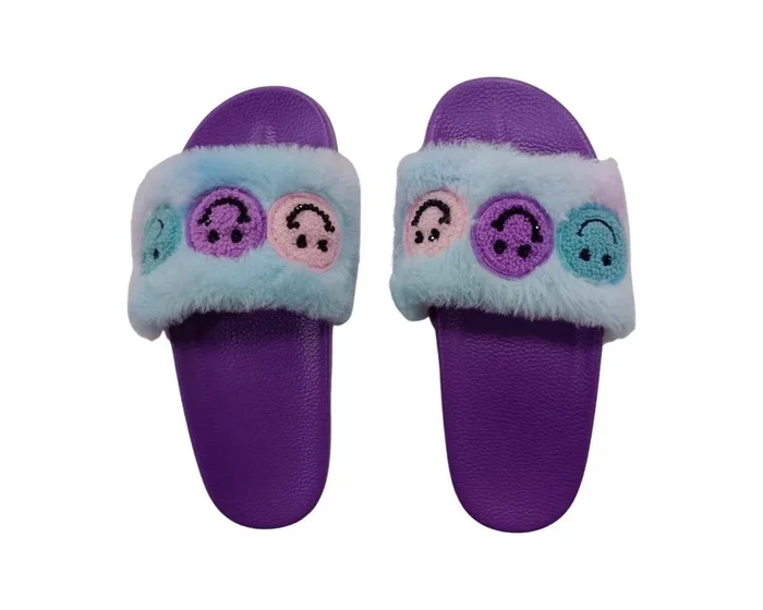 Purple Smiley Faux Fur Slides