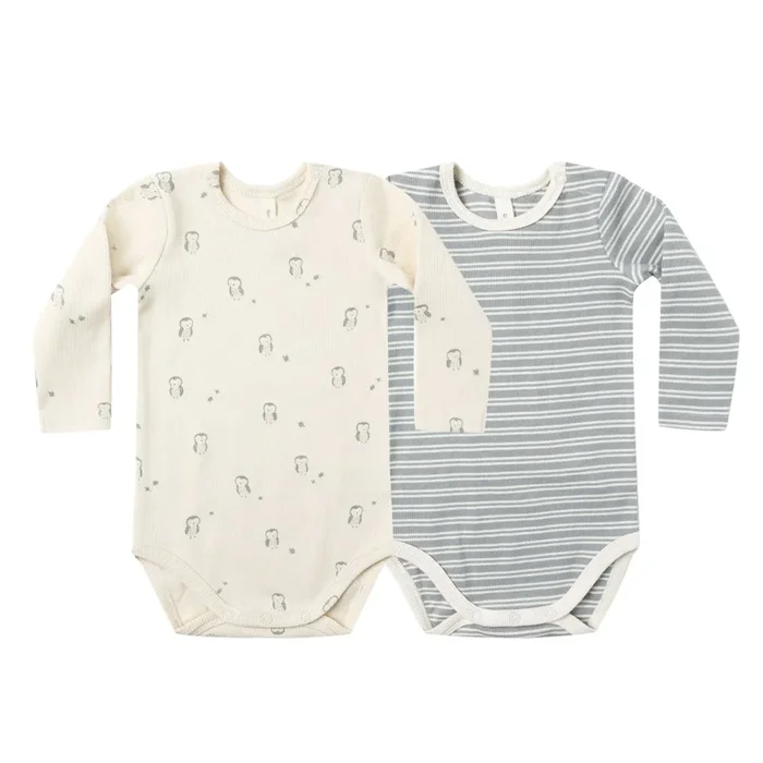Quincy Mae – Organic Ribbed Long Sleeve Bodysuit (2-Pack) – Steel Blue Stripe + Owls