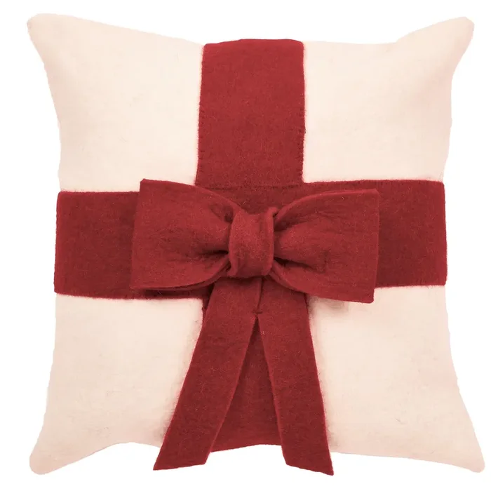 Red Bow On Cream – Christmas Pillow Cover In Hand Felted Wool – 20 “