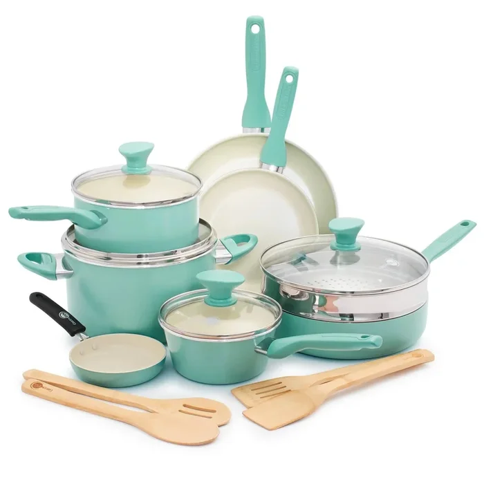 Rio 16pc Ceramic Nonstick Cookware Set Turquoise: Pans & Pot Set, Glass Lids, Dishwasher & Oven Safe, Non-Induction