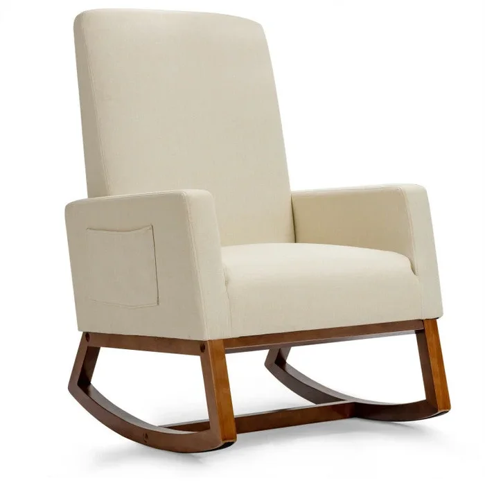 Rocking High Back Upholstered Lounge Armchair With Side Pocket-Beige