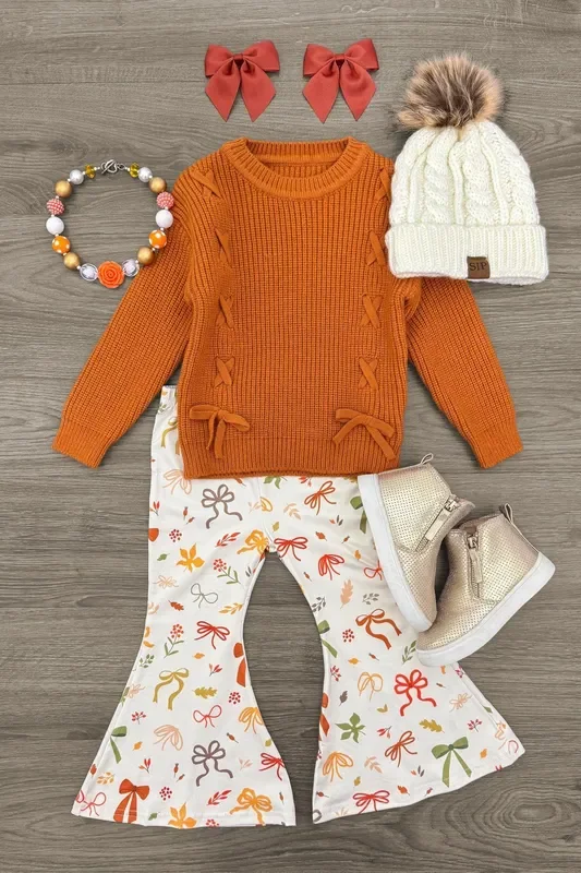 Rust Knit Sweater Bows Flare Pant Set
