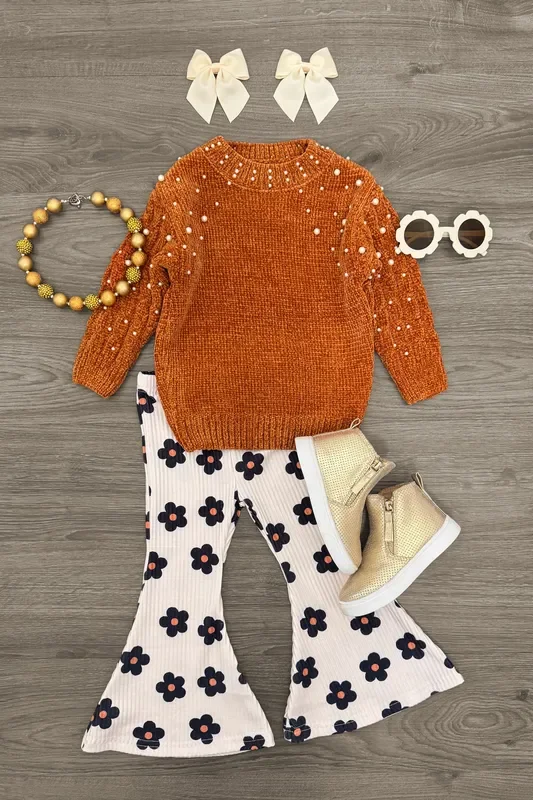 Rust Pearl Sweater Flower Bell Bottom Set