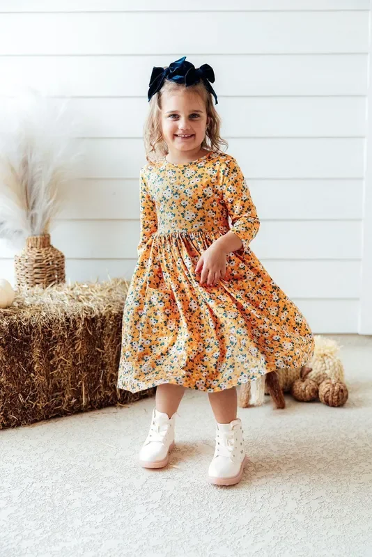 SALE Fall Floral 3/4 Sleeve Pocket Twirl Dress