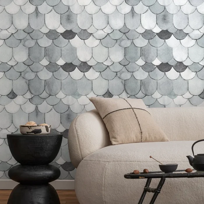 Scallop Wallpaper With A Watercolor Fish Scale Motif In Gray And Charcoal – X077