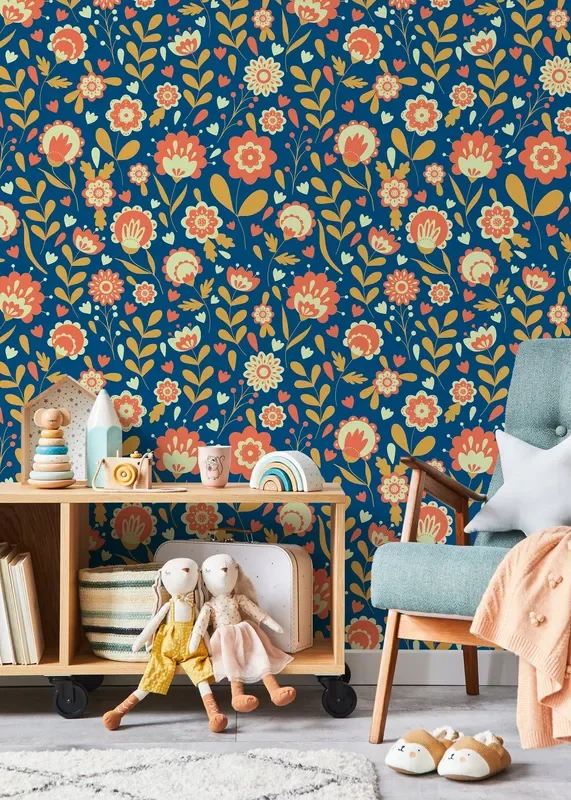 Scandinavian Wallpaper With A Folk Art Floral Motif In Blue, Orange, And Yellow – D109