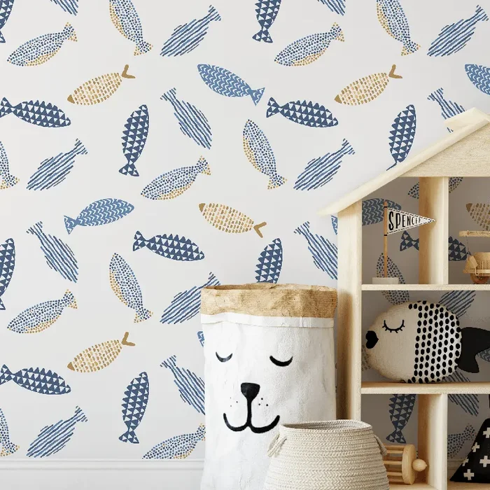 Scandinavian Wallpaper With A Minimalist Fish Motif In Blue And Gold – A409