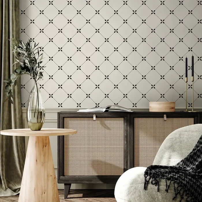 Scandinavian Wallpaper With A Minimalist Floral Lattice In Black – B294
