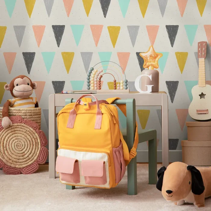Scandinavian Wallpaper With Hand-drawn Triangles In Yellow, Pink, And Mint – B075