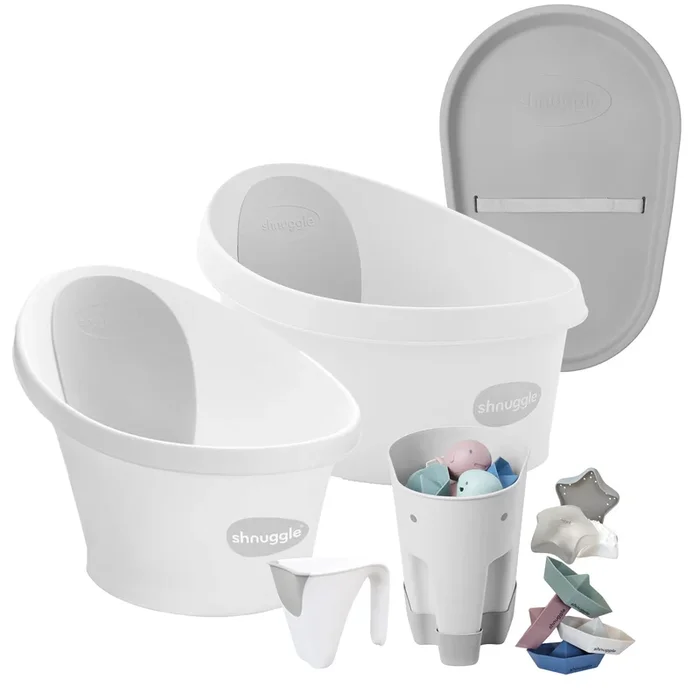 Shnuggle Growing Family Bath Time Bundle: Baby & Toddler Bath + Changing Mat Bundle – 7-Piece Set for Bath & Diaper Time