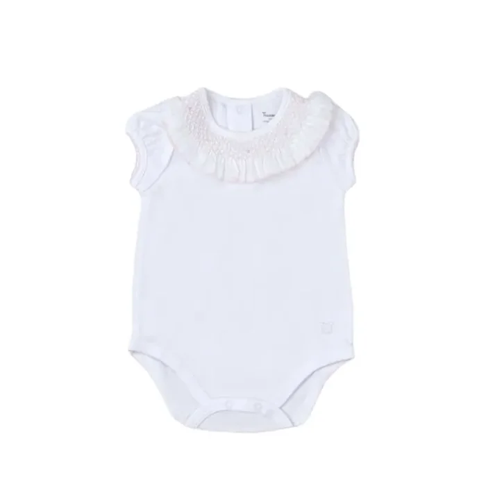 Smocked Short Sleeve Bodysuit, White & Pink