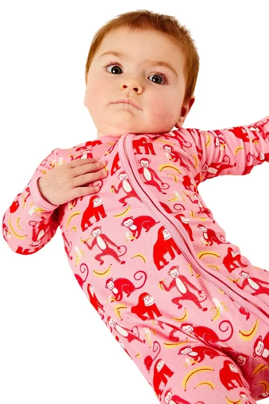 Soft & Stretchy Zipper Footie – Monkeying Around Pink