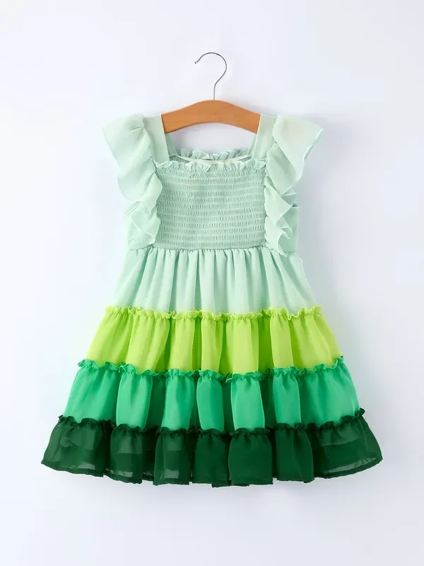 St. Patrick’s Day Ombre Ruffle Dress For Girls – Green Gradient Layers