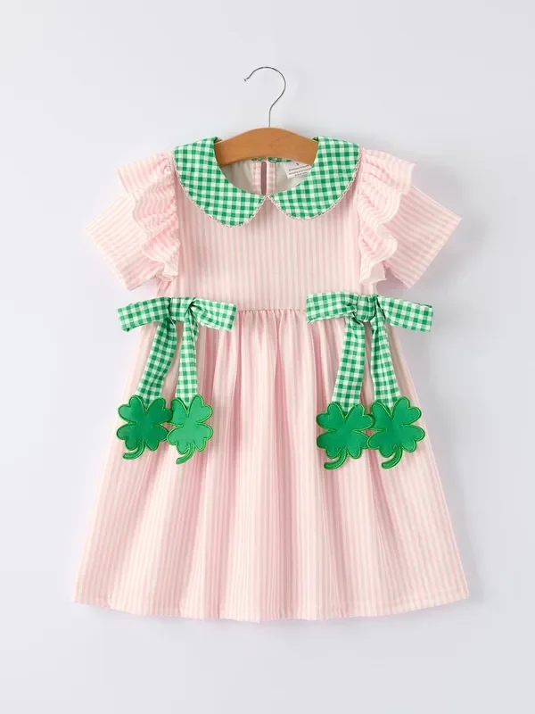St. Patrick’s Day Shamrock Girls’ Striped Plaid Dress