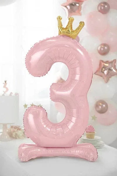 Standing Foil Number Balloon – Light Pink with Gold Crown | 33 Inches