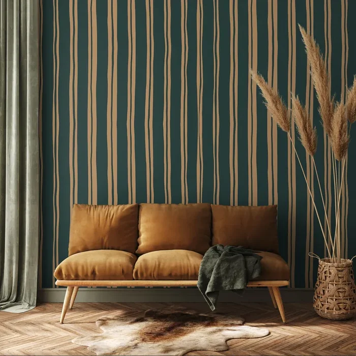Striped Wallpaper With Wavy Hand-drawn Lines In Dark Green And Beige – D766
