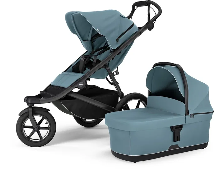 Thule Urban Glide 3 Single Jogging Stroller with NON-Magnetic Buckle + Bassinet Bundle – Mid-Blue