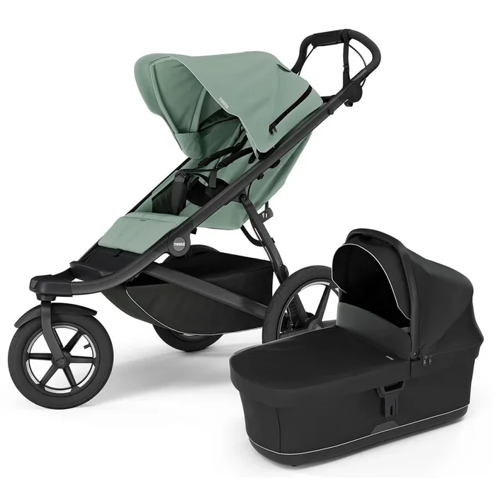 Thule Urban Glide 3 Single Jogging Stroller with NON-Magnetic Buckle + Bassinet Bundle – Mist Green / Black