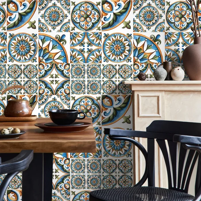 Tile Wallpaper With A Portuguese Azulejos Motif In Blue, Orange, And Green – A388