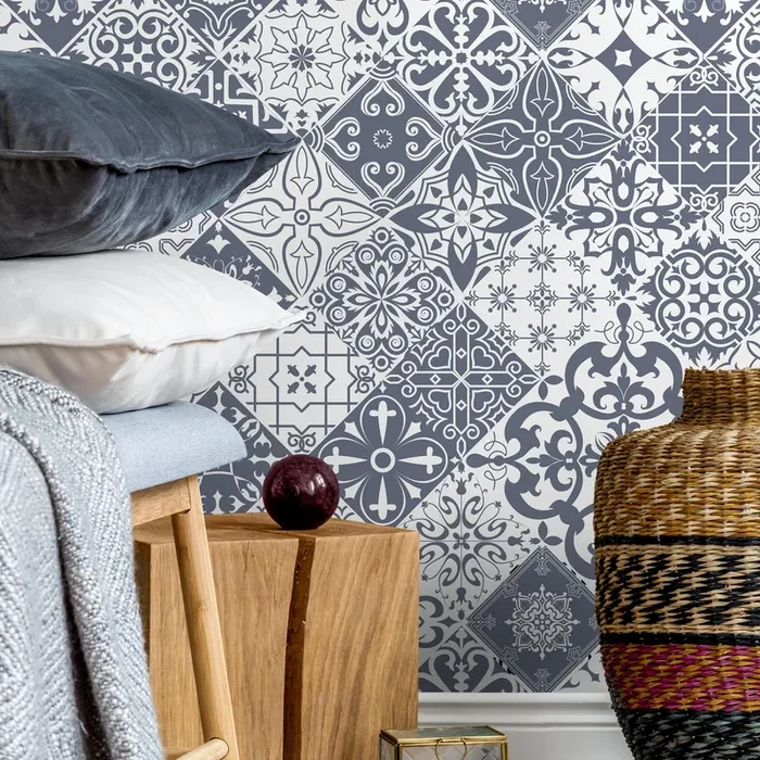 Tile Wallpaper With A Portuguese Azulejos Motif In Slate Blue – A555
