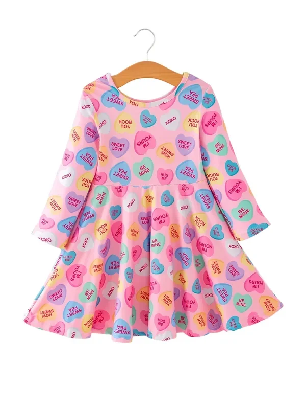 Toddler Girls Valentine Dress – Colorful Candy Heart Print Outfit