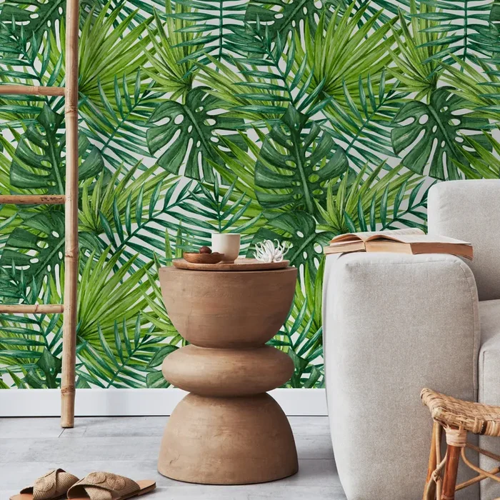 Tropical Wallpaper Featuring Lush Monstera And Palm Leaves In Green – A399