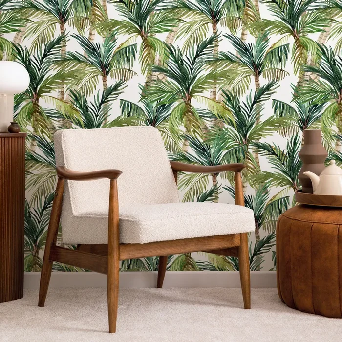 Tropical Wallpaper With A Watercolor Palm Tree Motif In Green And Brown – A459