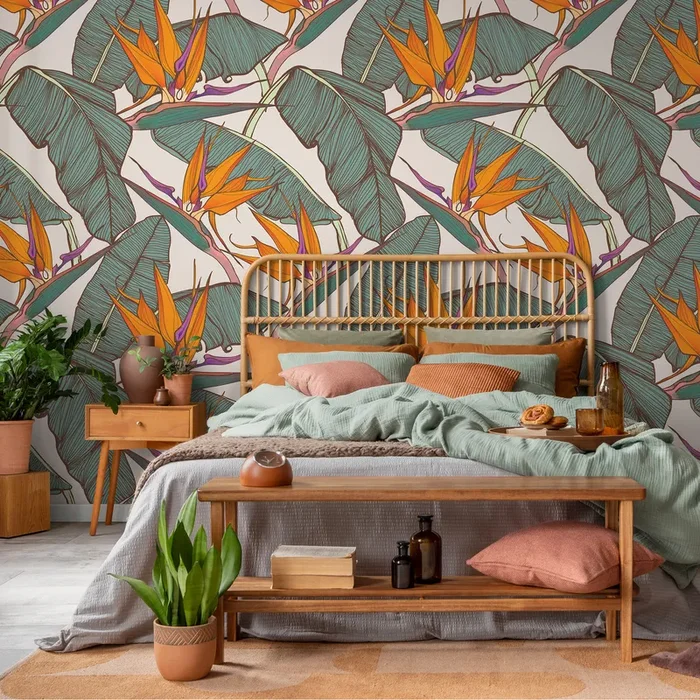 Tropical Wallpaper With Bird Of Paradise Flowers In Orange, Teal, And Purple – C416