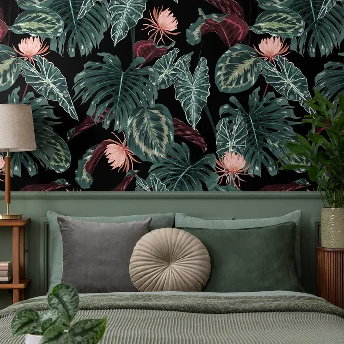 Tropical Wallpaper With Exotic Jungle Leaves And Flowers In Green, Pink, And Black – B071