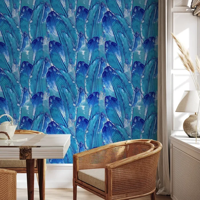 Tropical Wallpaper With Layered Banana Leaves In Blue And Turquoise – A513