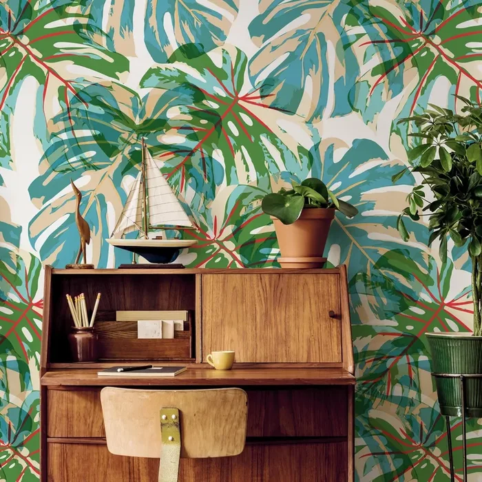 Tropical Wallpaper With Pop Art Monstera Leaves In Green, Blue, And Red – B174
