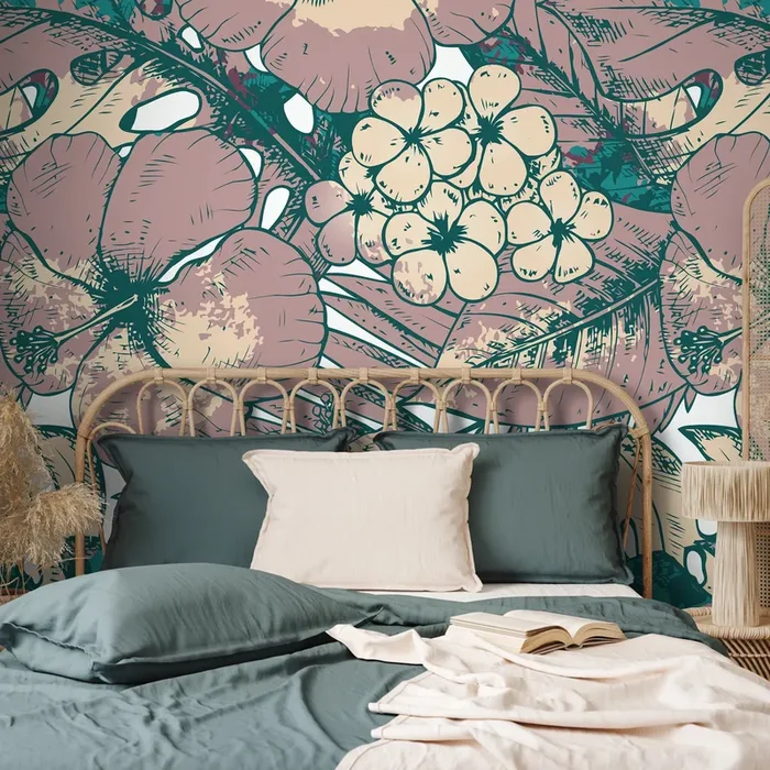 Tropical Wallpaper With Sketched Hibiscus In Mauve, Teal, And Beige – D952