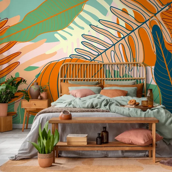 Tropical Wallpaper With Stylized Leaves In Orange, Green, And Teal – C075