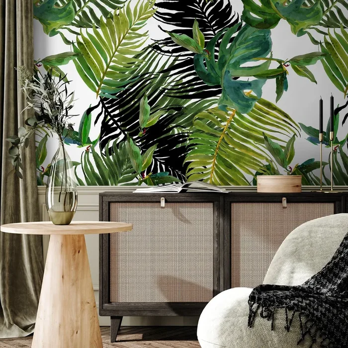 Tropical Wallpaper With Watercolor Palm Leaves In Green And Black – A767