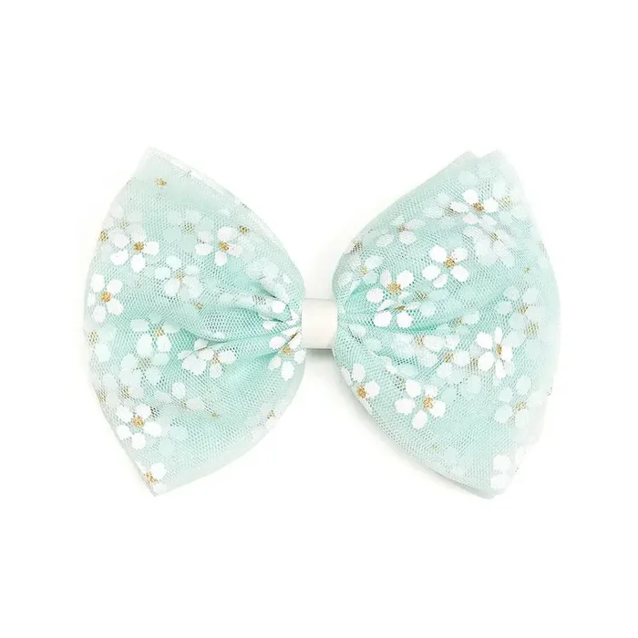 Tulle Bow Clip | Aqua Ditsy Daisy