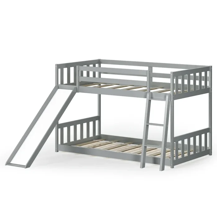 Twin Over Twin Bunk Wooden Low Bed With Slide Ladder for Kids-Gray